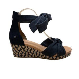 UGG Womens Black Fabric Wedge Sandals Bow Ankle Strap Espadrille Design Size 7
